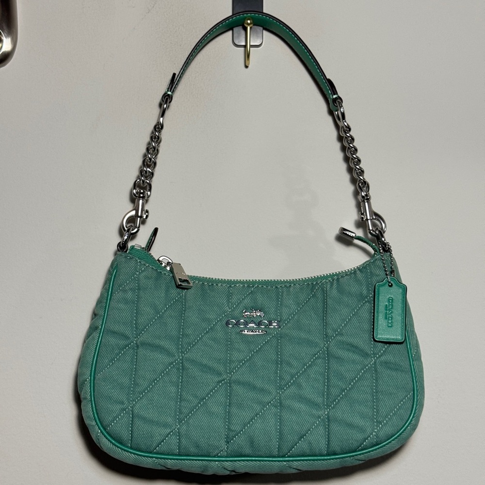 Coach Quilted Shoulder Bag in Teal Green with Silver Hardware